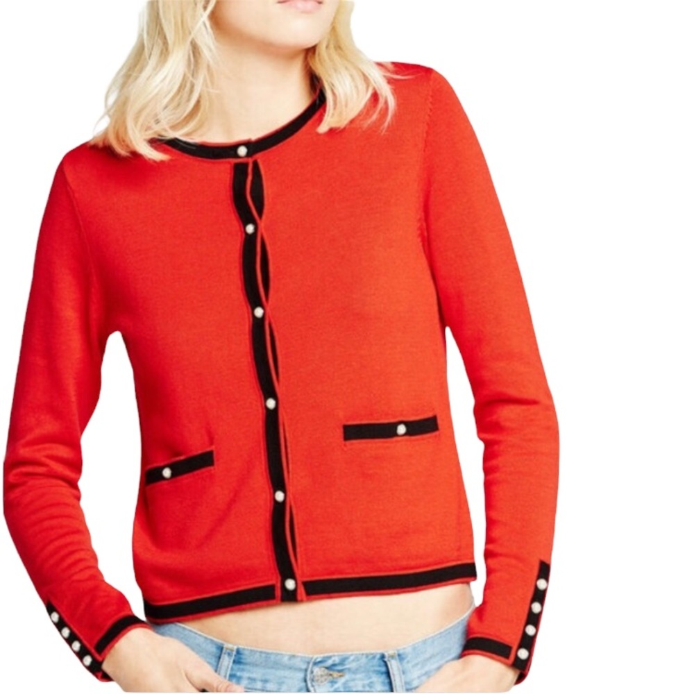Talbots Red Button Up Sweater Pearl Beads Small